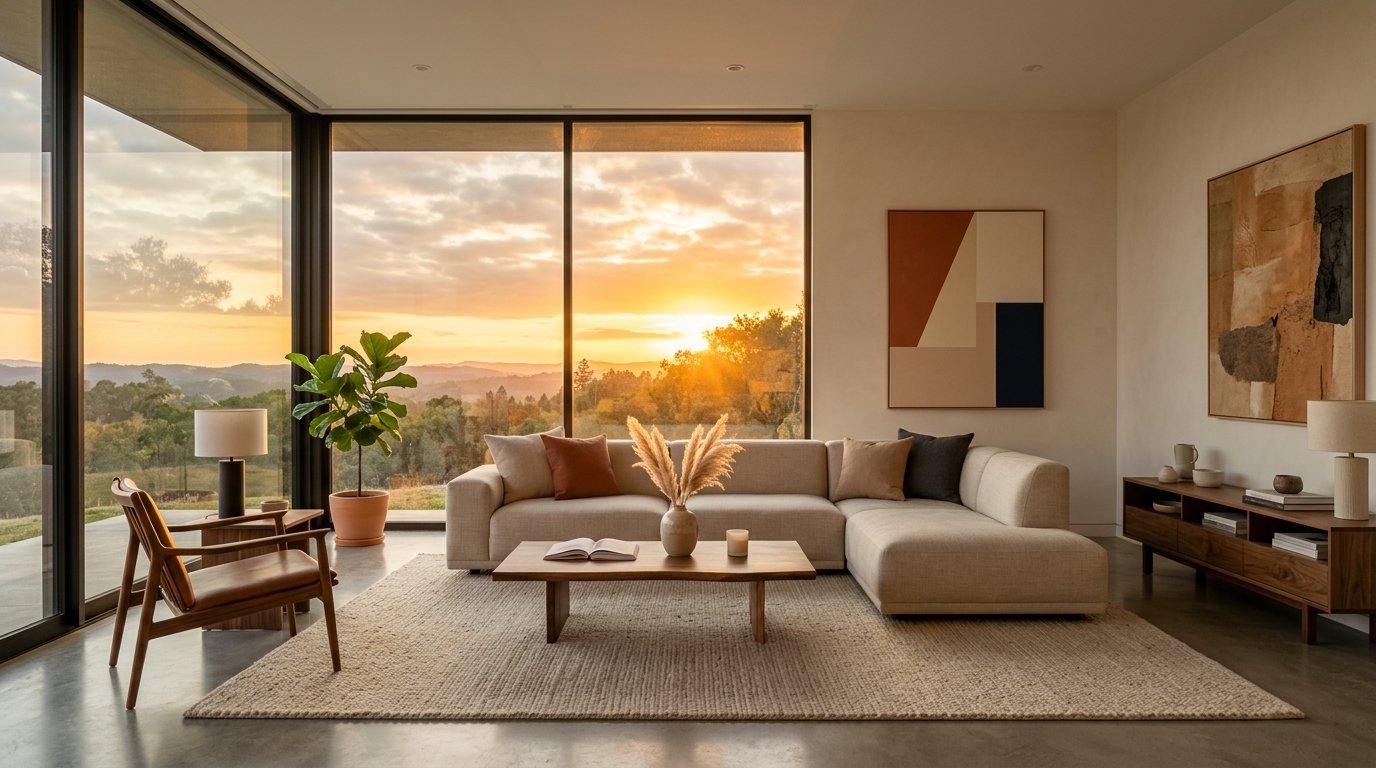 Spacious interior with neutral sectional sofa, wooden coffee table, and abstract wall art overlooking golden hills.