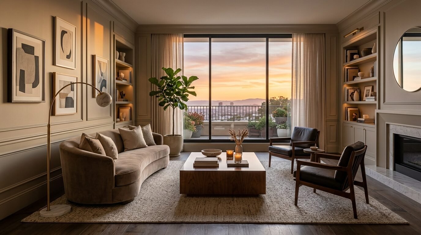 A luxurious lounge with a curved beige sofa, leather armchairs, and floor-to-ceiling windows overlooking a sunset.