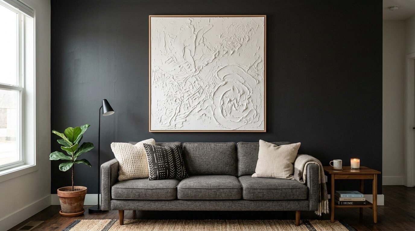Dark charcoal living room wall featuring a large framed white plaster textured painting over a grey couch.