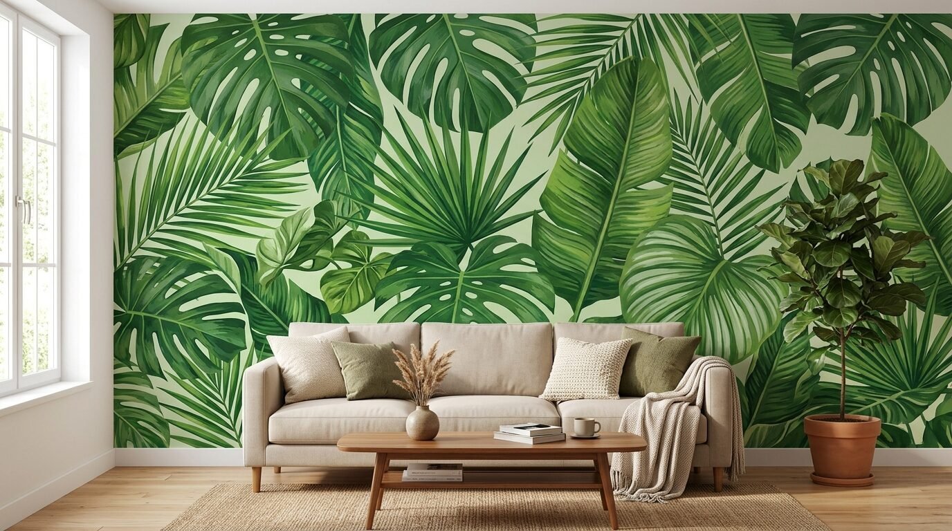 A beige couch placed in front of a wall covered in a green monstera and palm leaf mural.