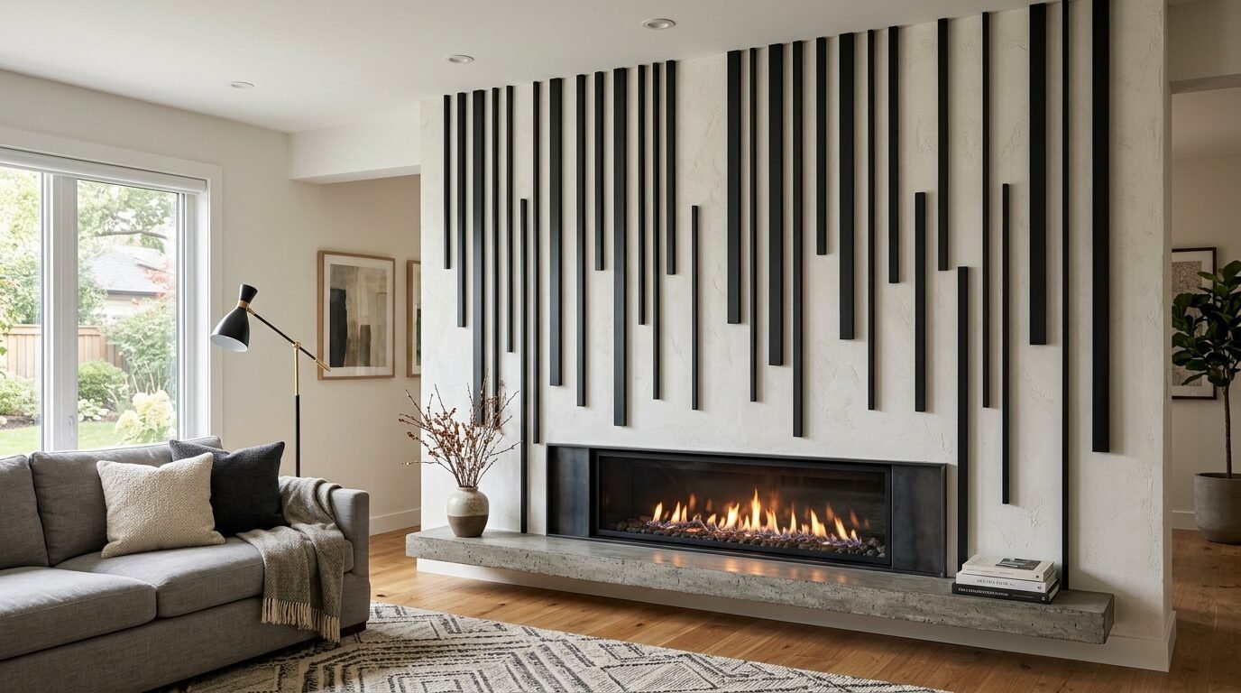 Modern living room featuring a linear gas fireplace set into a wall accented with minimalist black vertical trim.