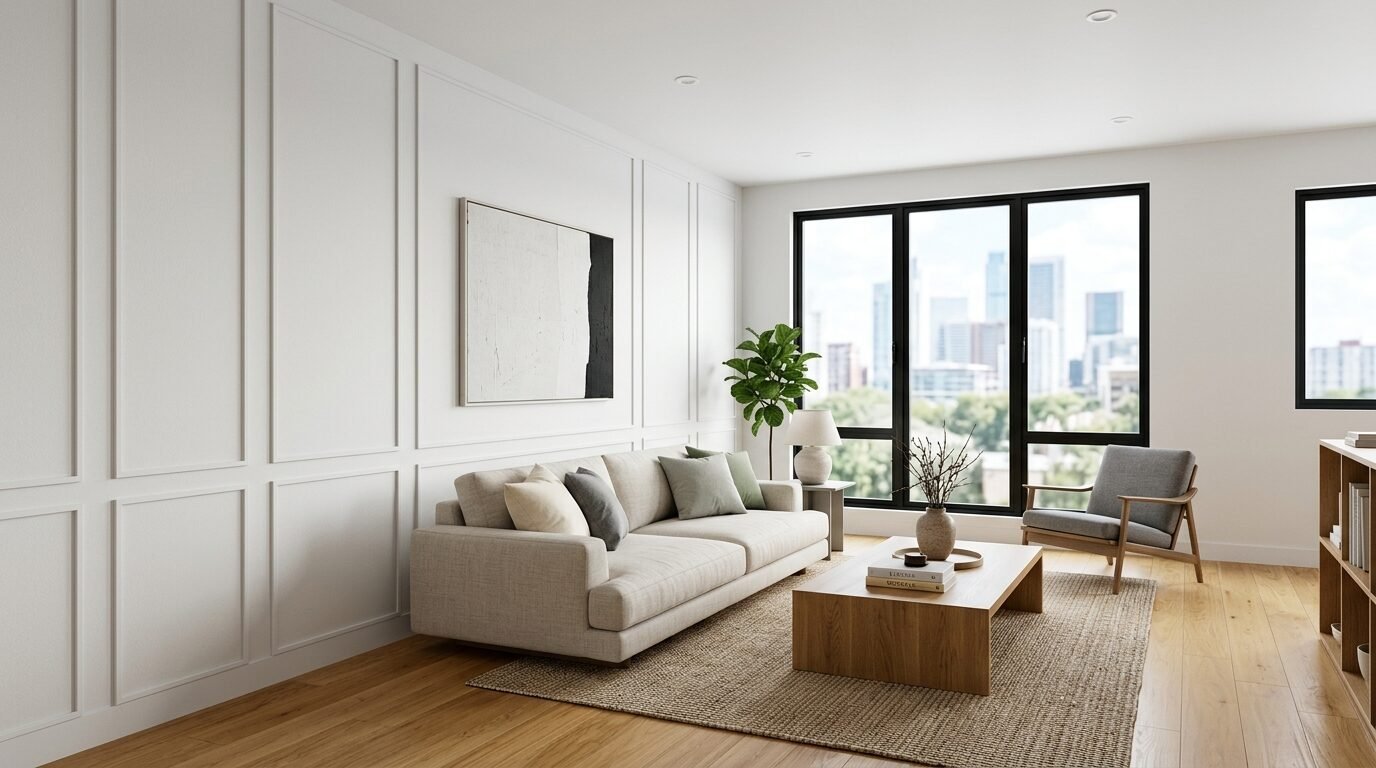 Bright living room with white wall molding, beige couch, wood coffee table, and large window overlooking a city skyline.