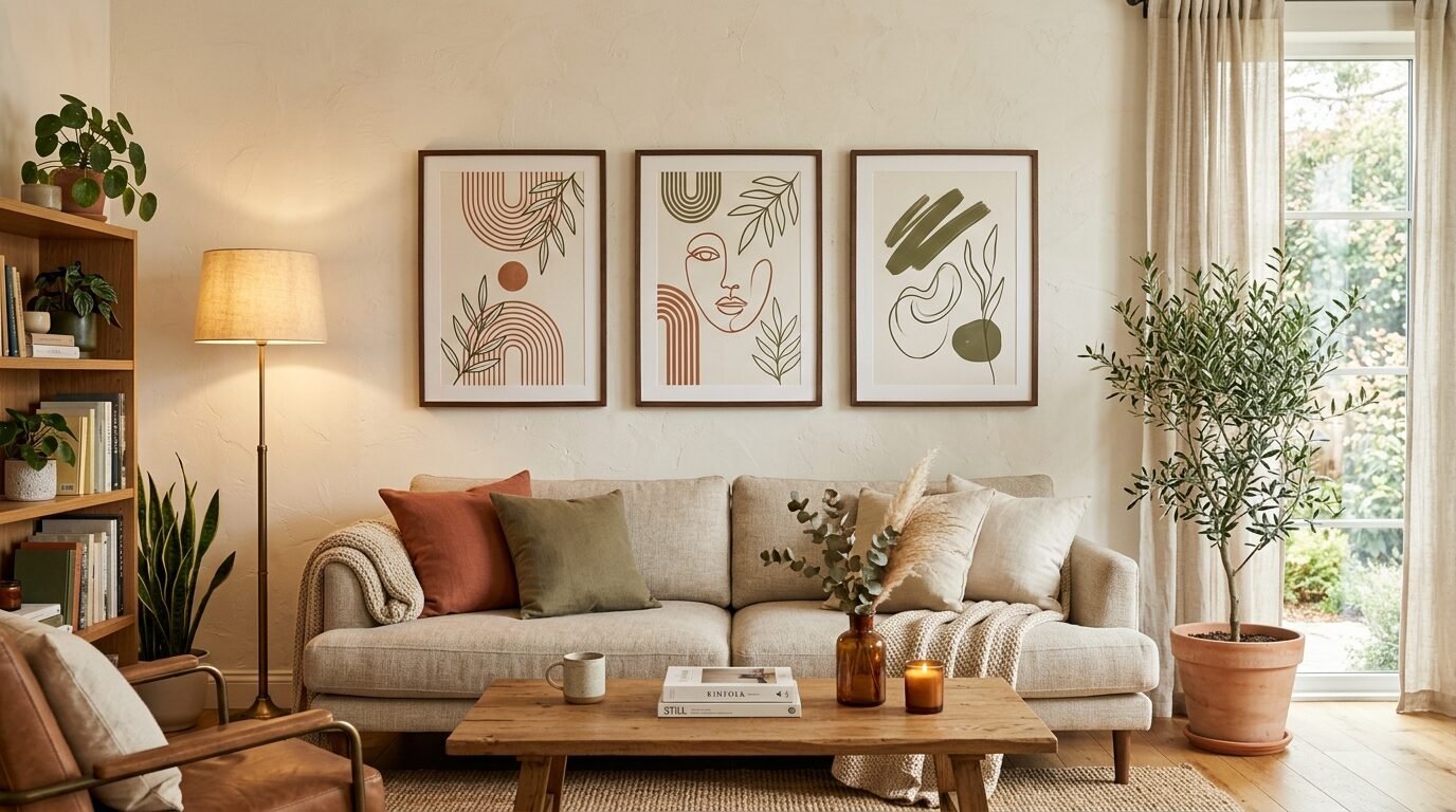 A set of three boho-style abstract wall prints featuring line art and leaves displayed in a neutral living room.