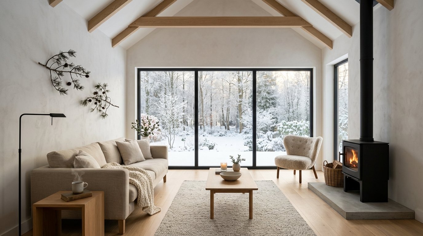 A bright living room featuring a beige sofa, wood burning stove, and large windows with a view of a snowy garden.