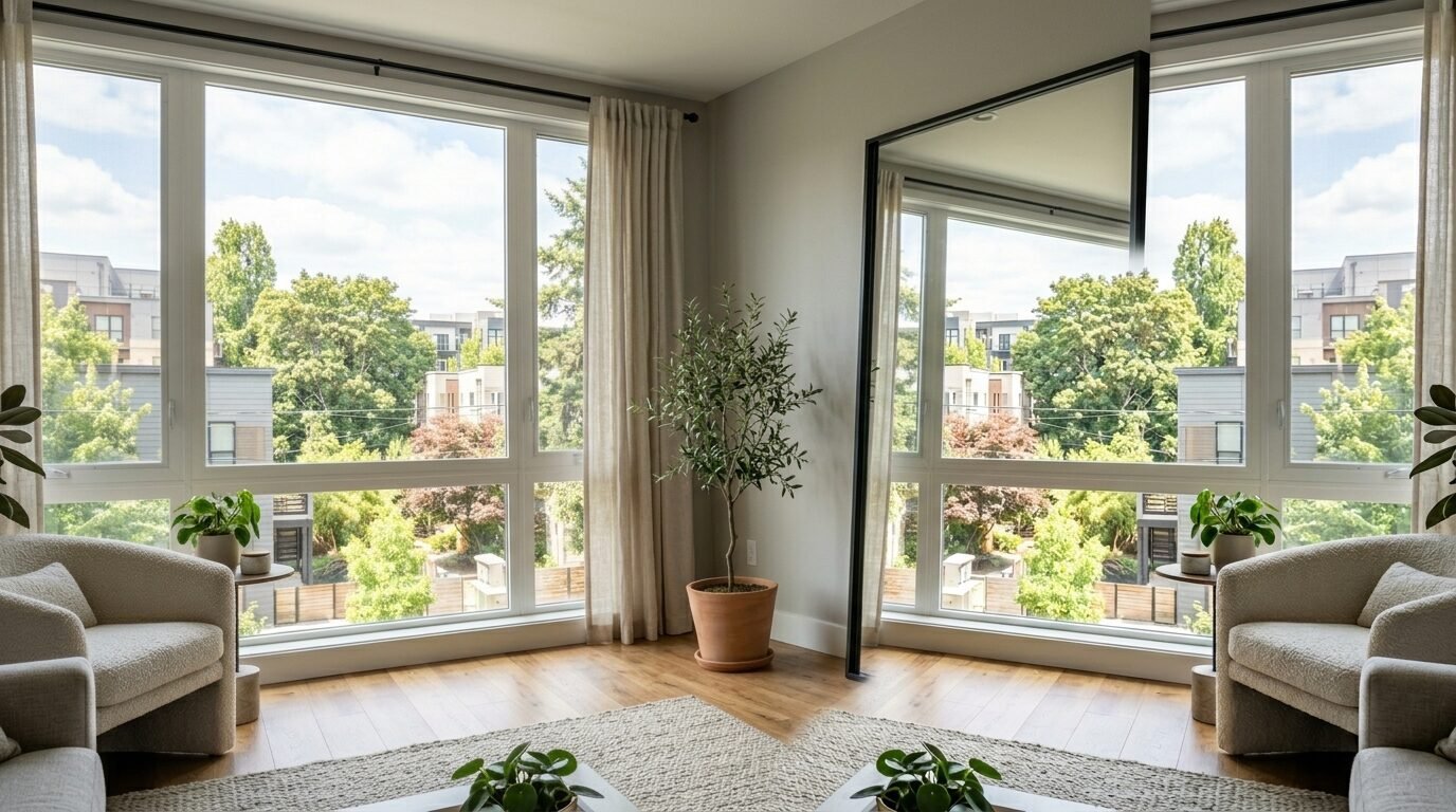 Bright room with two bouclรฉ chairs, olive tree, and tall floor mirror facing large windows.