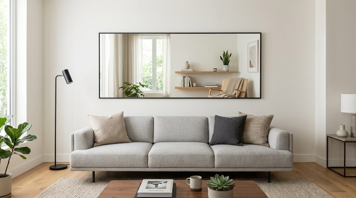 A light grey three-seater couch sits in front of a wide black-framed mirror reflecting wooden shelves and a rattan chair.