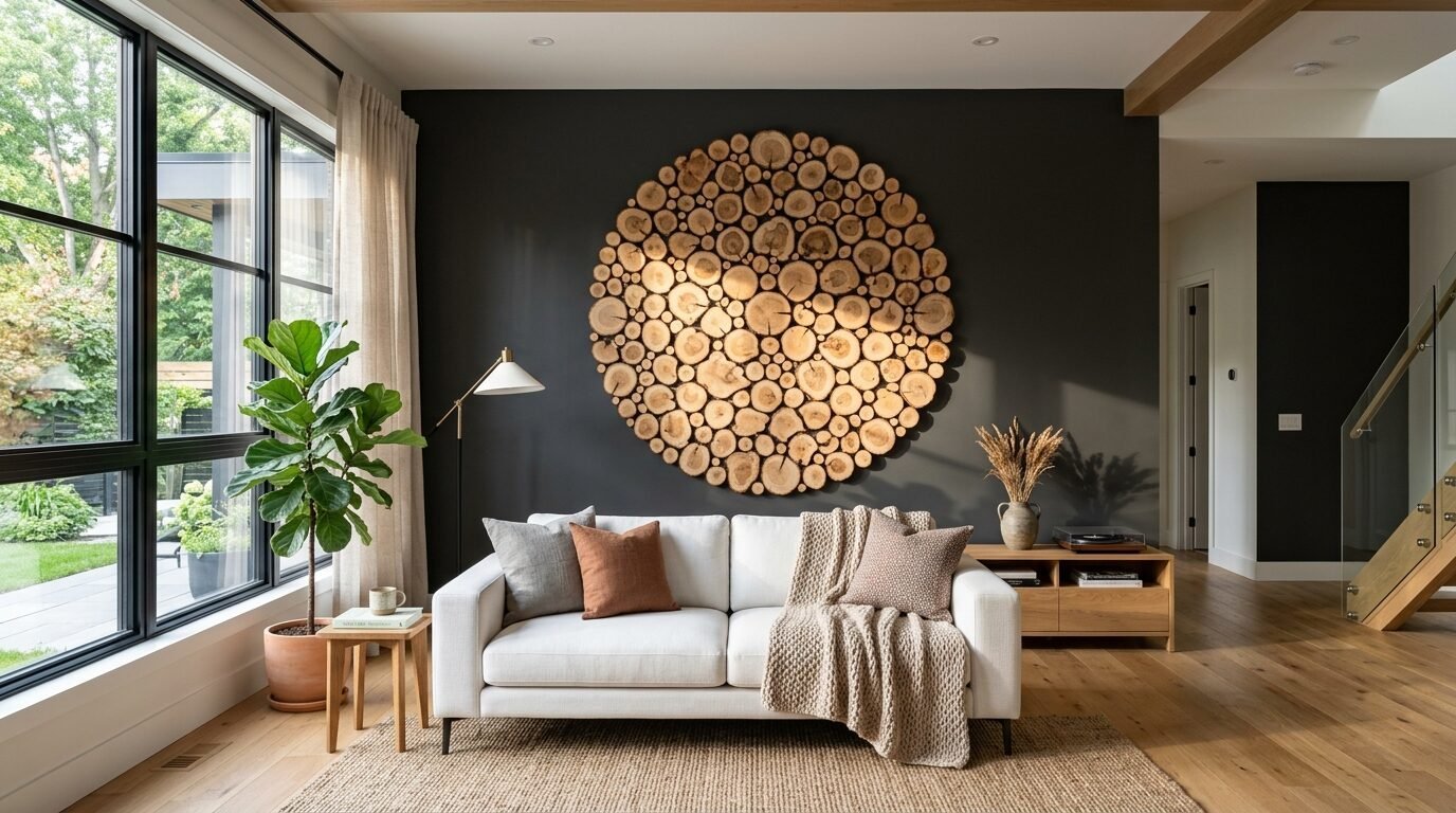 White couch with neutral cushions and a throw blanket centered beneath large round wooden disc wall decor.