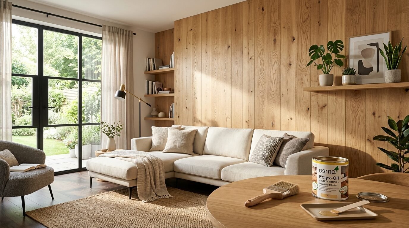 A sunlit living room featuring vertical wood wall paneling and a cream colored sofa in front of a garden window.
