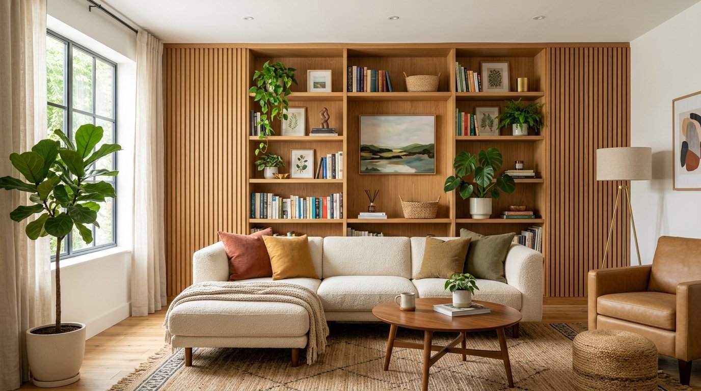 Cream textured sofa with colorful pillows sitting in front of a wall-to-wall light wood bookcase.