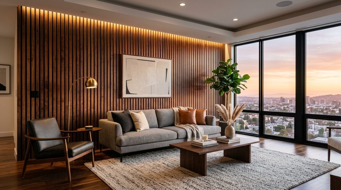 Modern grey sofa and wood coffee table in a luxury high-rise apartment with sunset city views.
