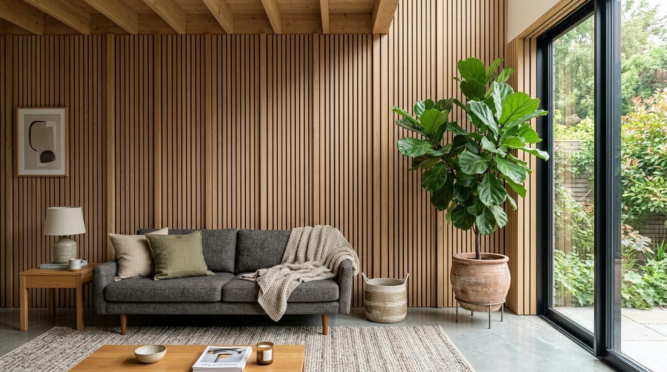 A grey sofa with a throw blanket in a room featuring vertical wood paneling and a large fiddle leaf fig plant.