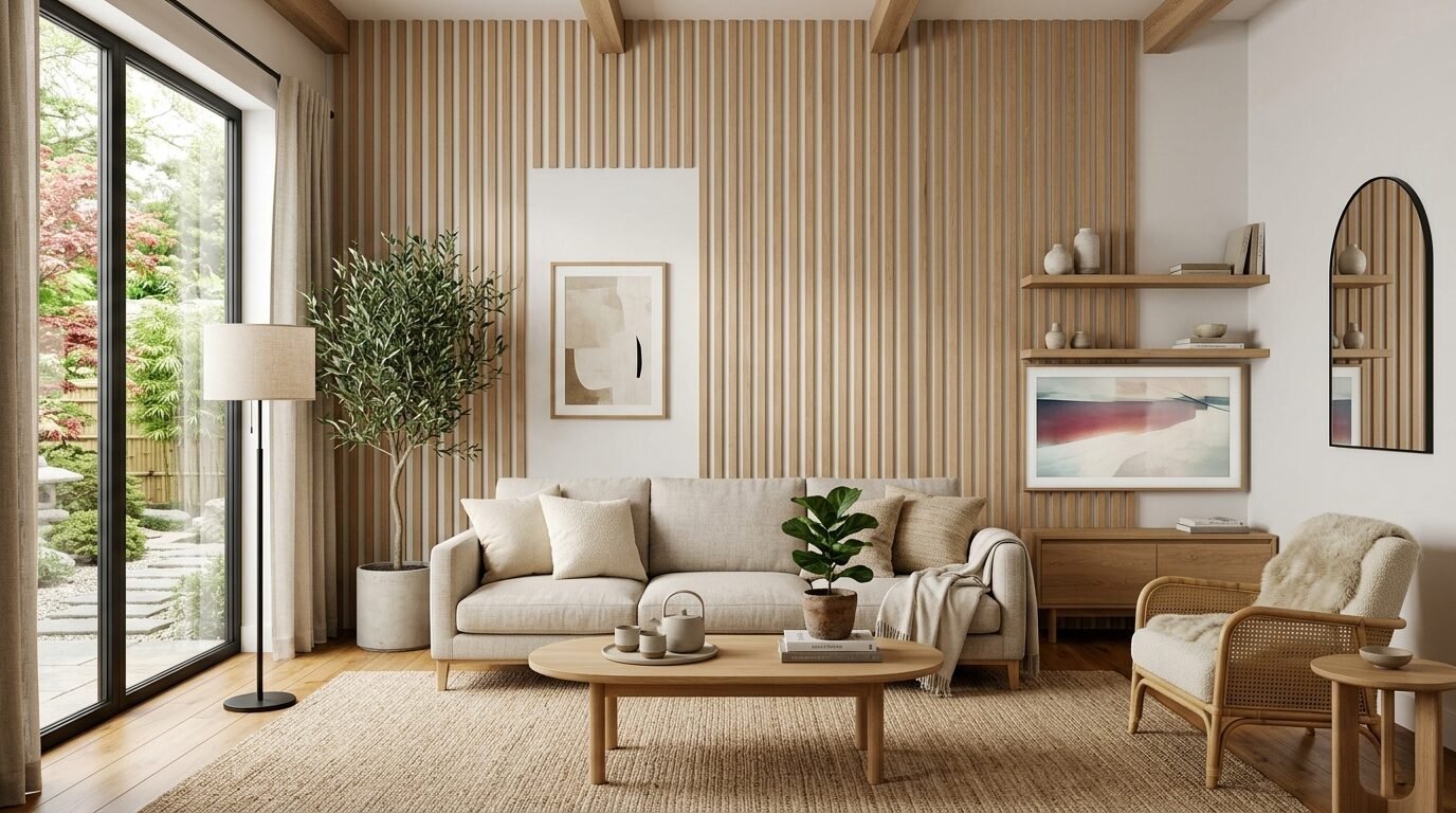 Neutral toned living room with a textured wood slat accent wall, beige couch, and indoor olive tree.