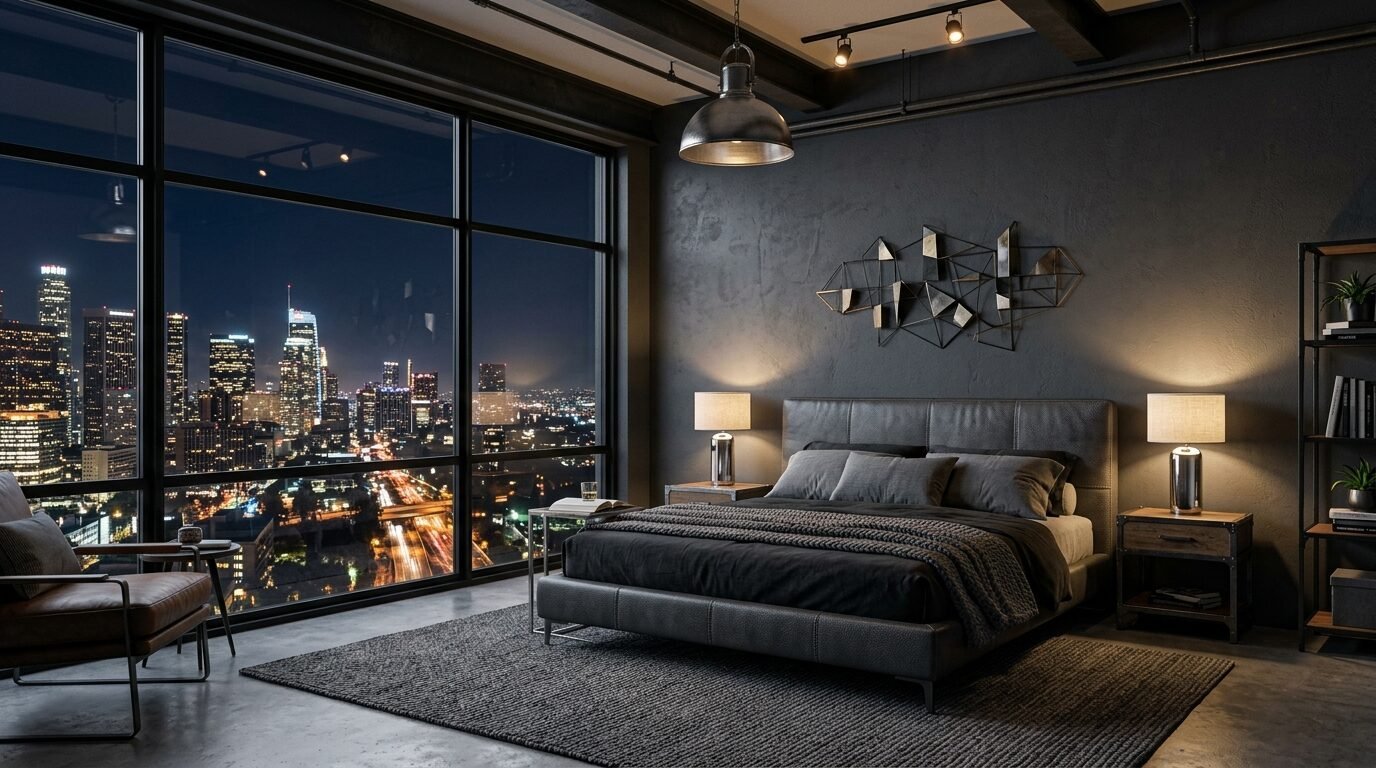 Contemporary bedroom with dark decor featuring a bed, industrial lighting, and floor-to-ceiling windows showing a city.