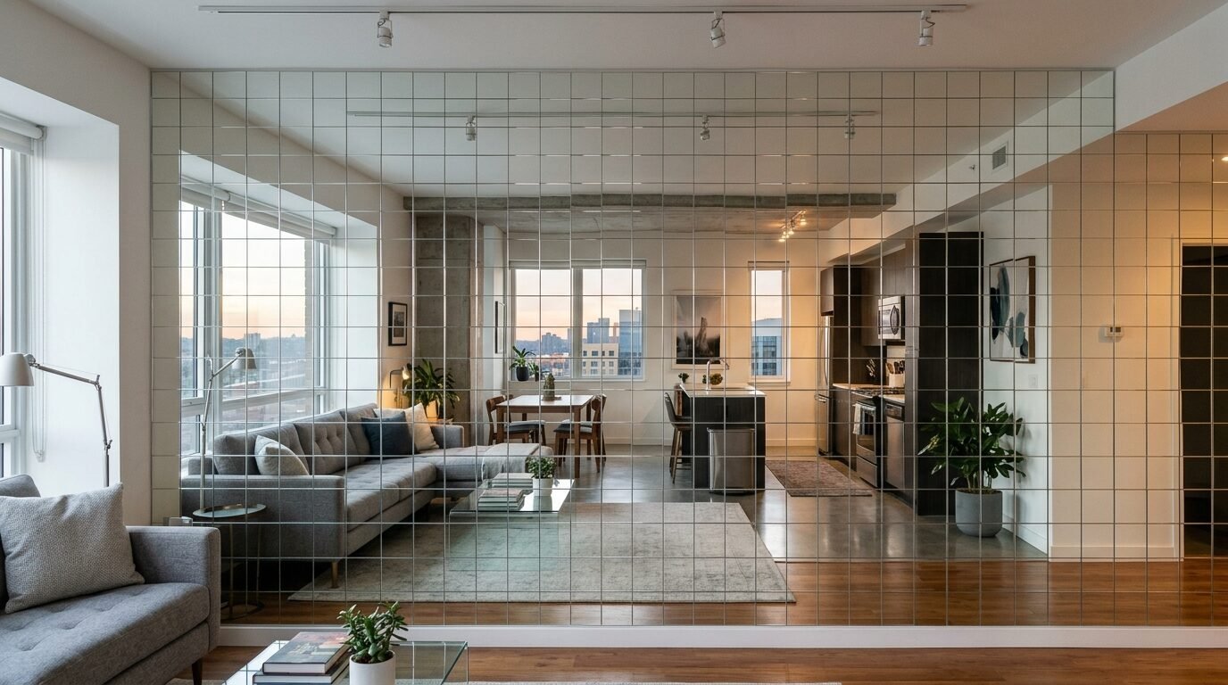 Spacious open concept living area viewed through a decorative square grid mirrored partition.