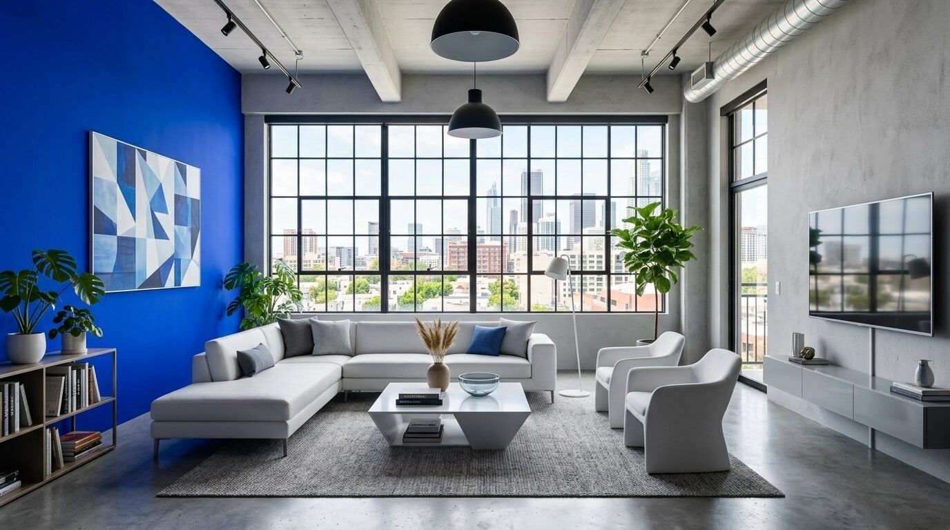 Contemporary industrial apartment with a white sectional sofa, blue accent wall, and floor-to-ceiling city skyline windows.