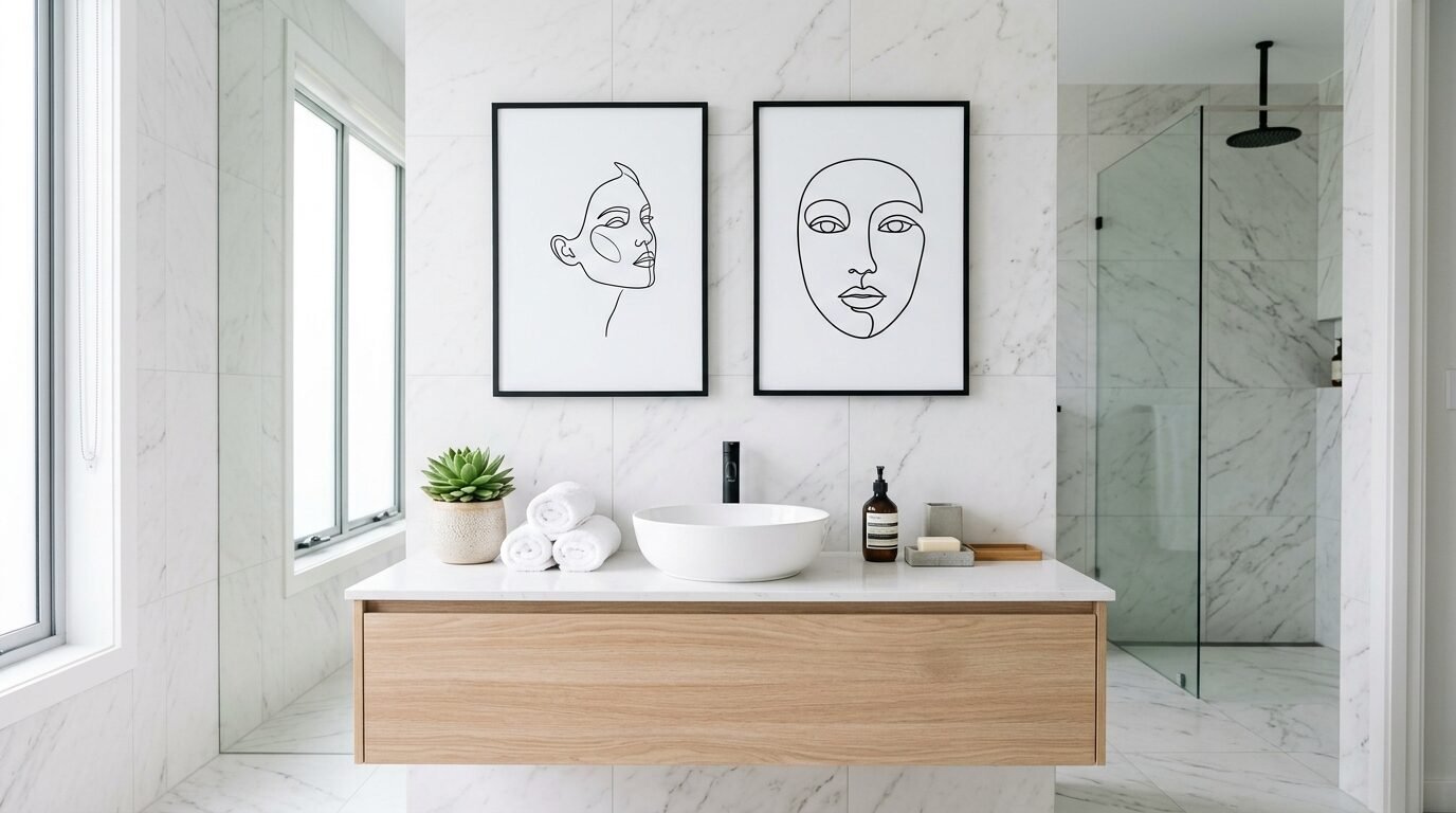 Floating oak vanity with a vessel sink and two minimalist line art face prints in a white marble bathroom.