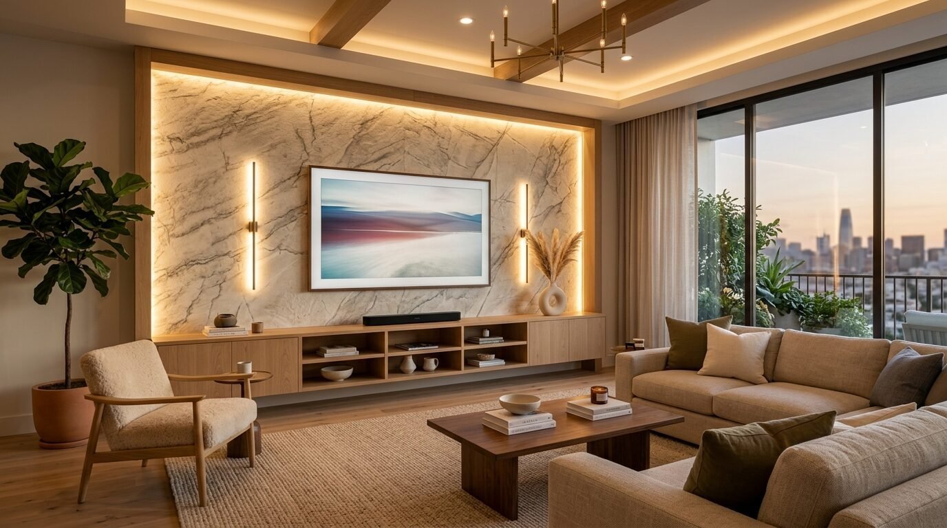 Modern interior with a marble feature wall, wood media console, cozy neutral sofa, and large windows overlooking a city.