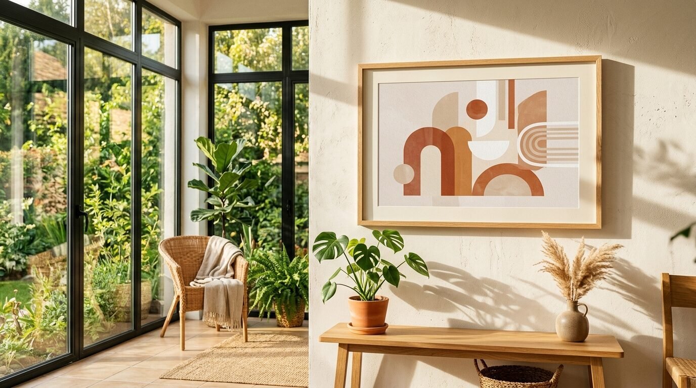 Framed terracotta and beige abstract print displayed in a bright living space with wooden furniture.