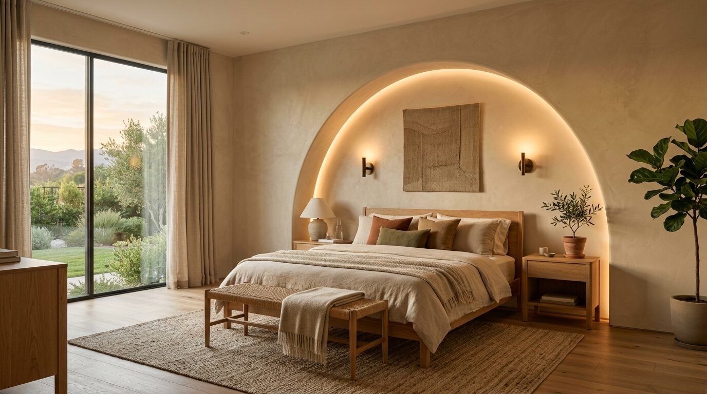 A serene bedroom with a wooden bed frame centered under a softly lit, arched plaster wall niche.