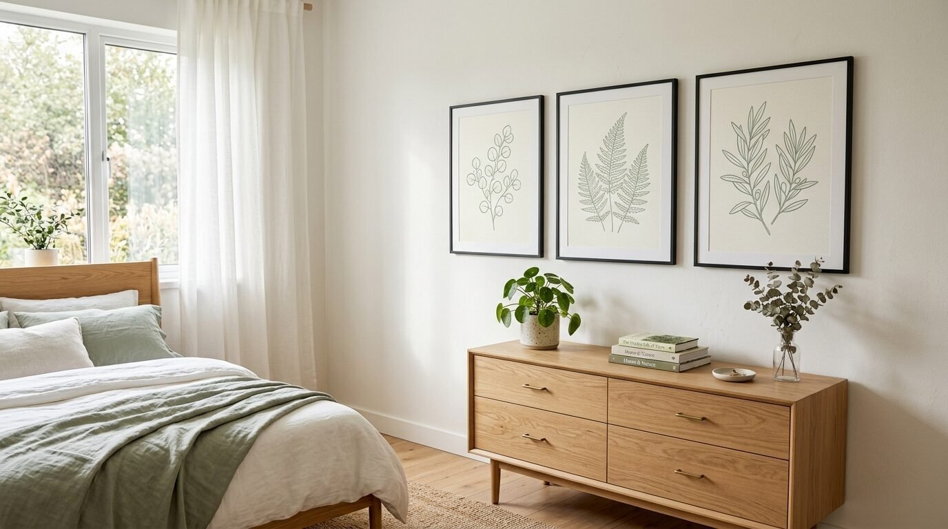 A bedroom with sage green bedding, wooden furniture, and a trio of framed leaf illustrations on a white wall.