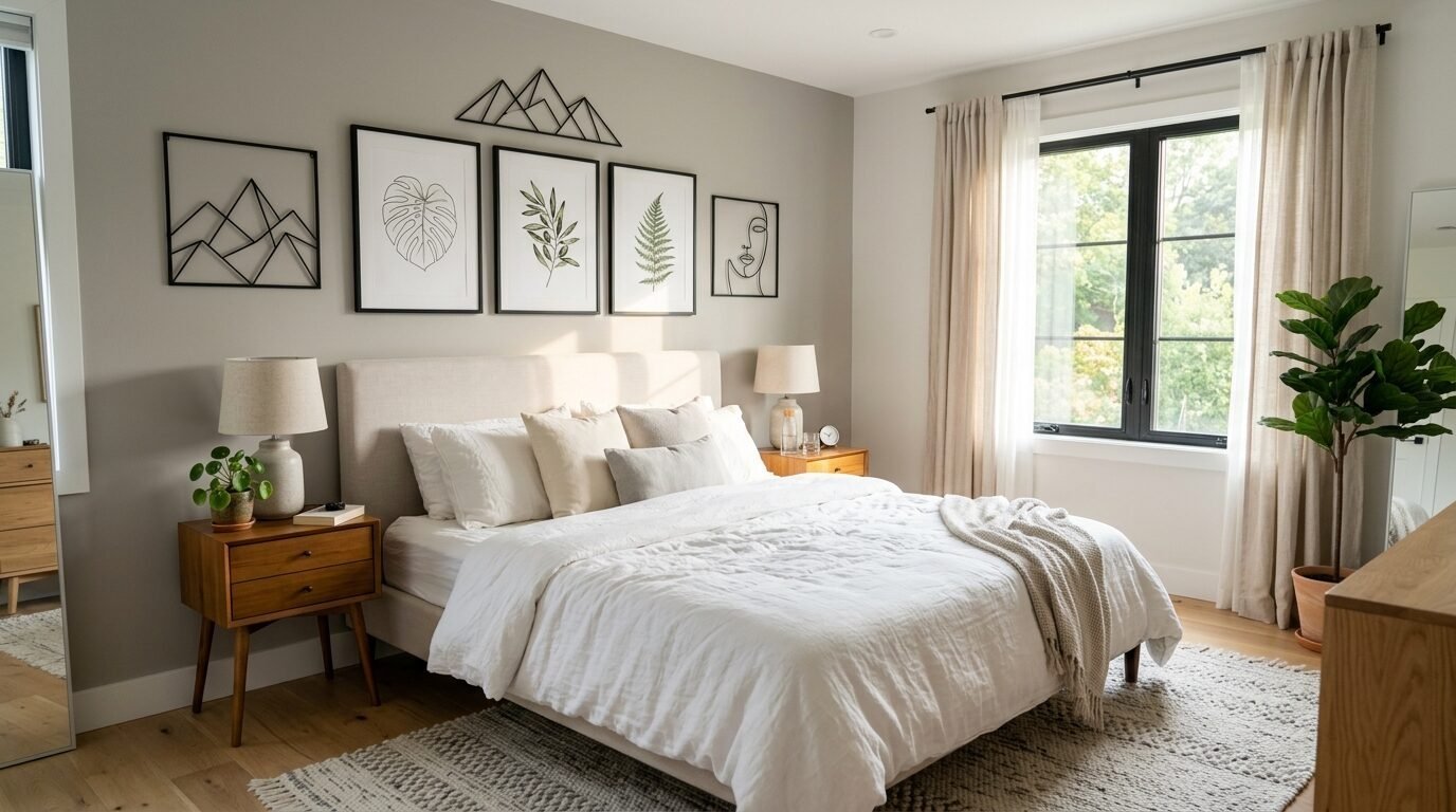 Modern bedroom with neutral bedding, gallery wall of botanical art, and wooden mid-century style nightstands.