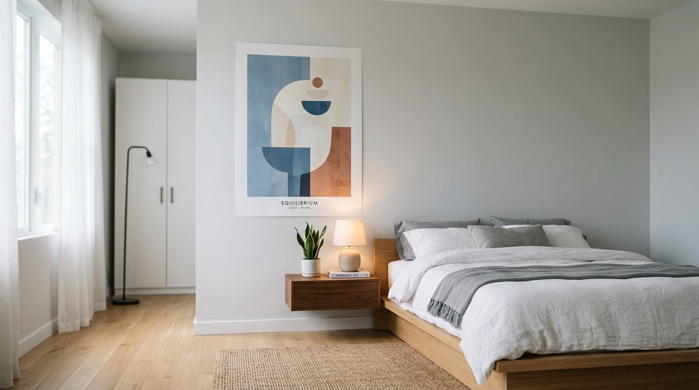 Neutral bedroom with a wooden bed frame, floating nightstand, and large geometric wall art.