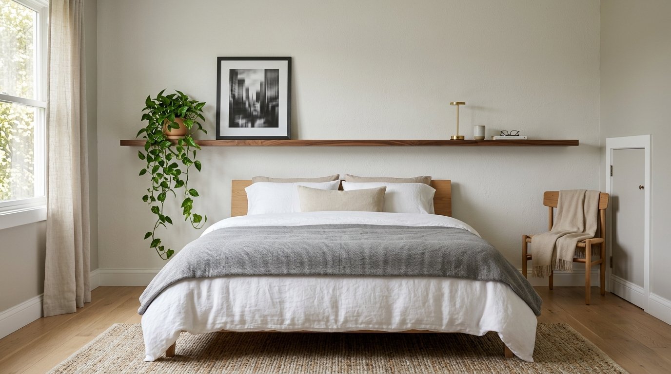 A serene bedroom with a wooden bed frame, grey linen bedding, a hanging pothos plant, and a floating wall shelf.