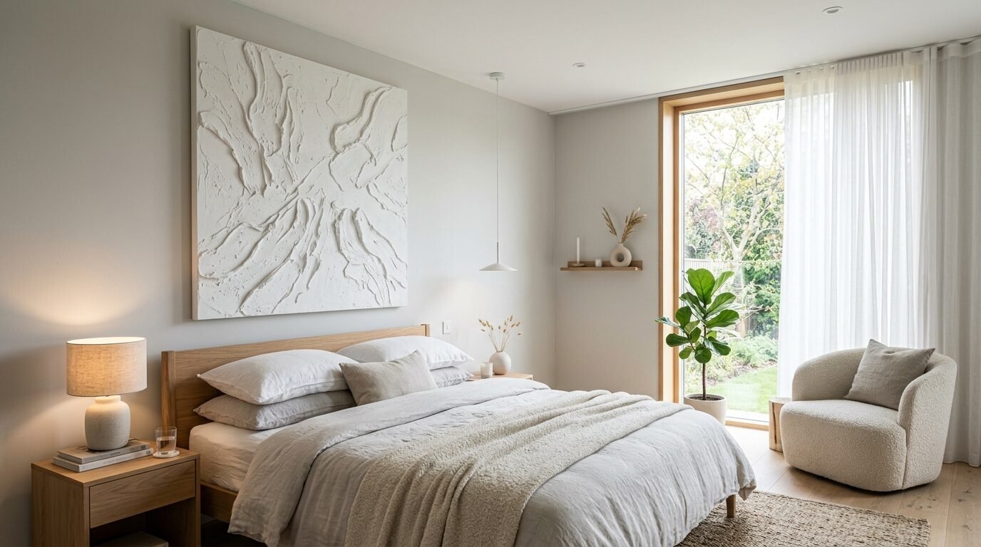 A serene bedroom with a textured white canvas above a wooden bed, a boucle armchair, and a large window.