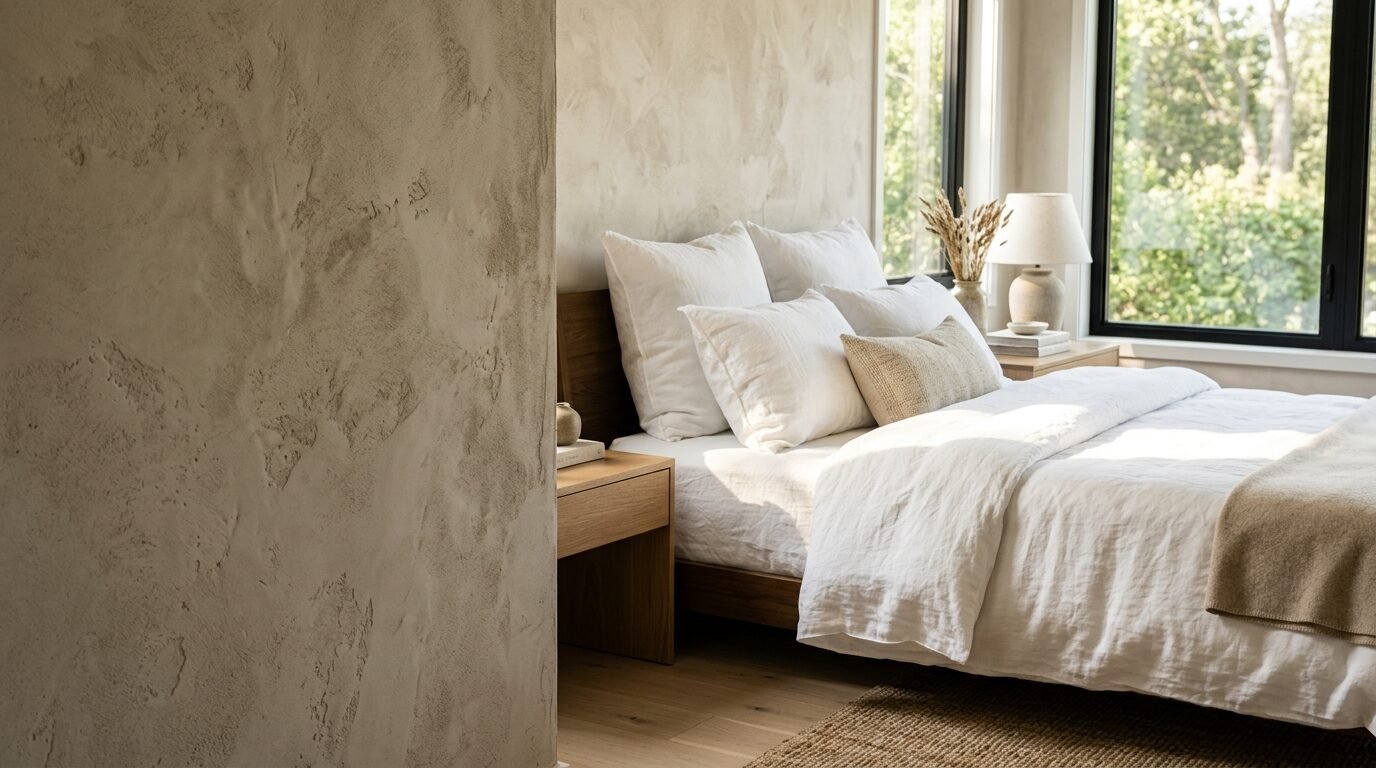 A serene bedroom with a wooden bed, white linens, and a plastered accent wall by a bright window.