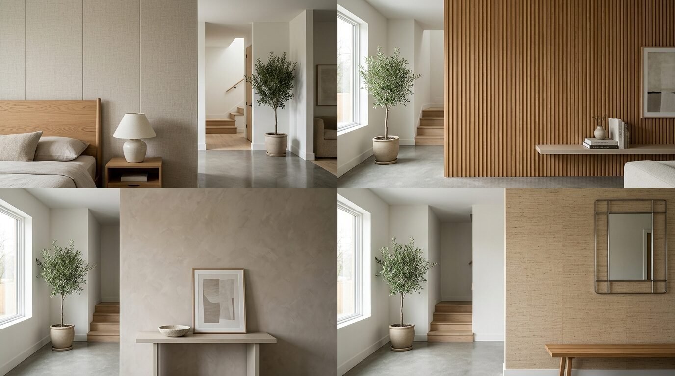 Four images showing a modern living space with textured walls, potted olive trees, and wooden accents.