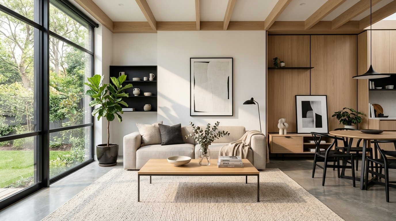 Bright, open-concept room with beige sofa, wooden coffee table, large windows, and clean modern styling.