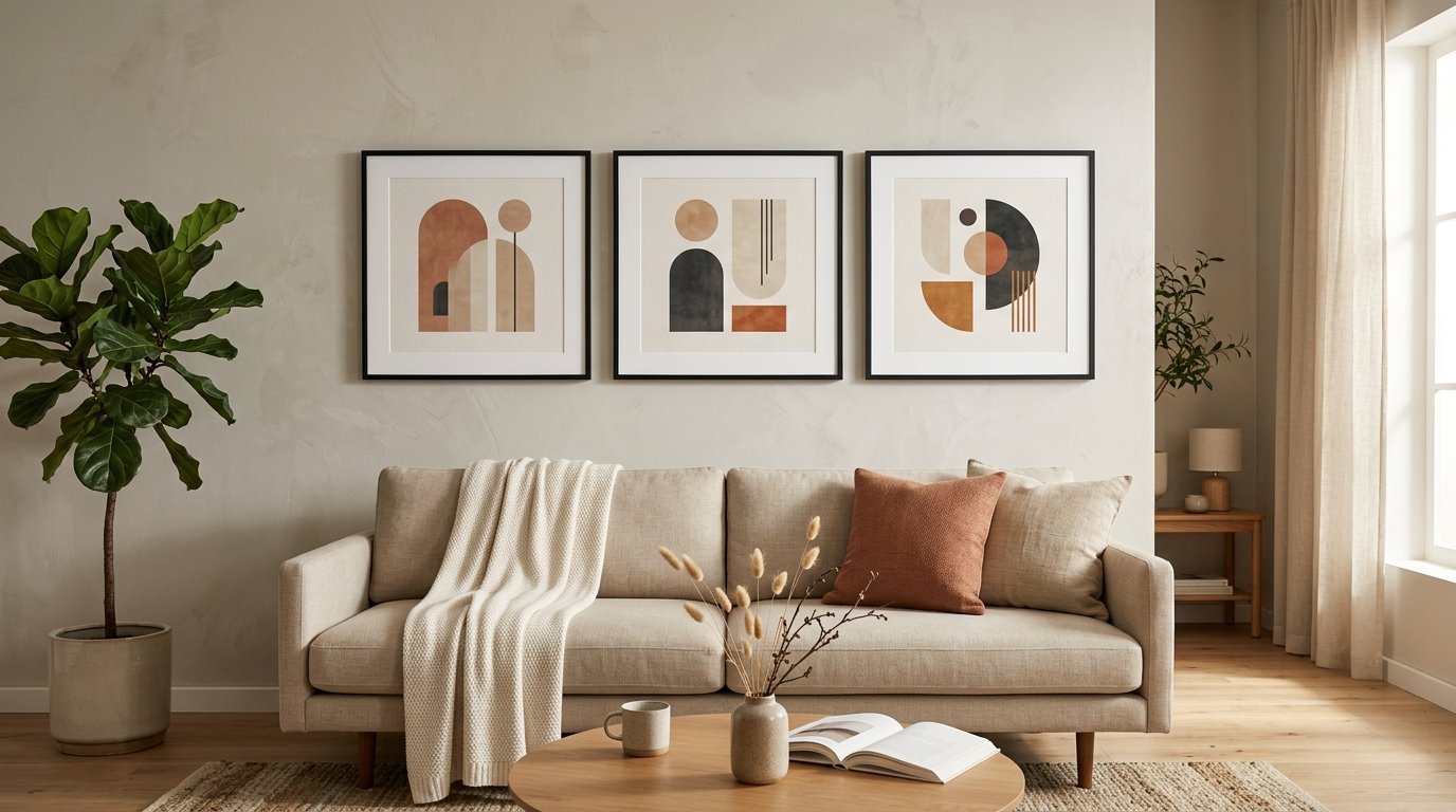 Minimalist living room with a beige couch, indoor plant, and three framed geometric art prints on the wall.