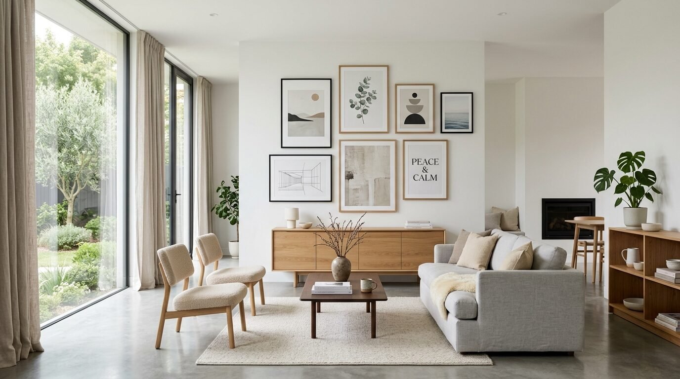 A sunlit living room with a gallery wall, oak sideboard, grey sofa, and two textured cream accent chairs.