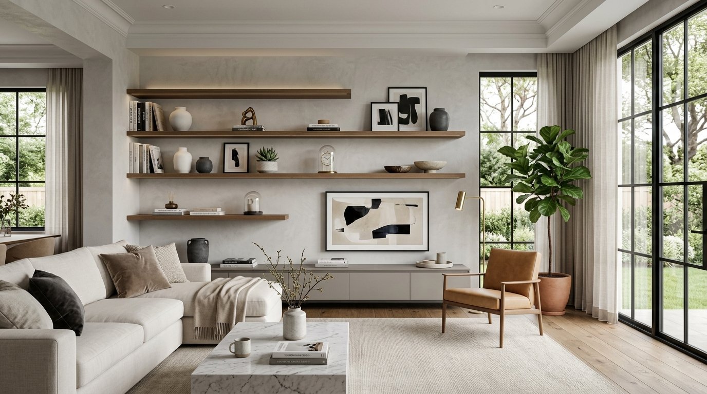 A sunlit living room with white walls, floating shelves, a tan leather armchair, and a cream sectional sofa.