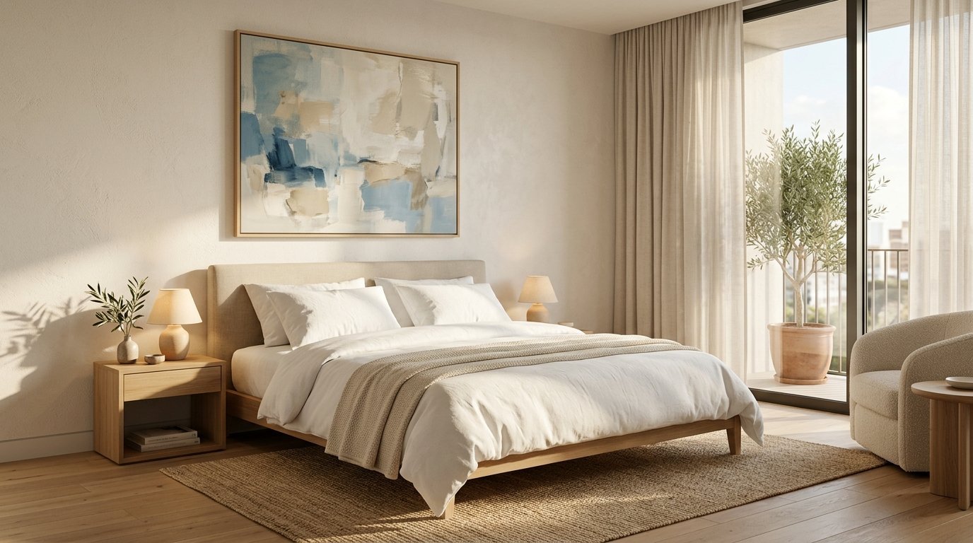 Modern bedroom with neutral tones, abstract wall art above the bed, and a potted olive tree on the balcony.