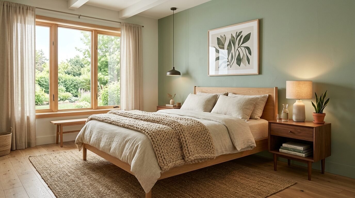 Cozy bedroom with sage green wall, wooden bed frame, linen bedding, jute rug, and a bedside lamp.