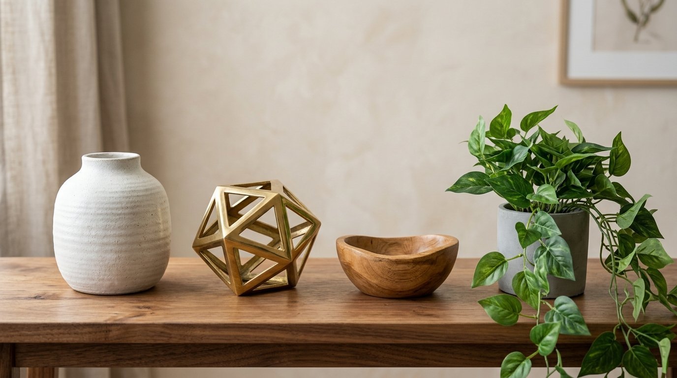 Ceramic vase, brass geometric shape, wooden bowl, and trailing green plant arranged on a wooden tabletop.