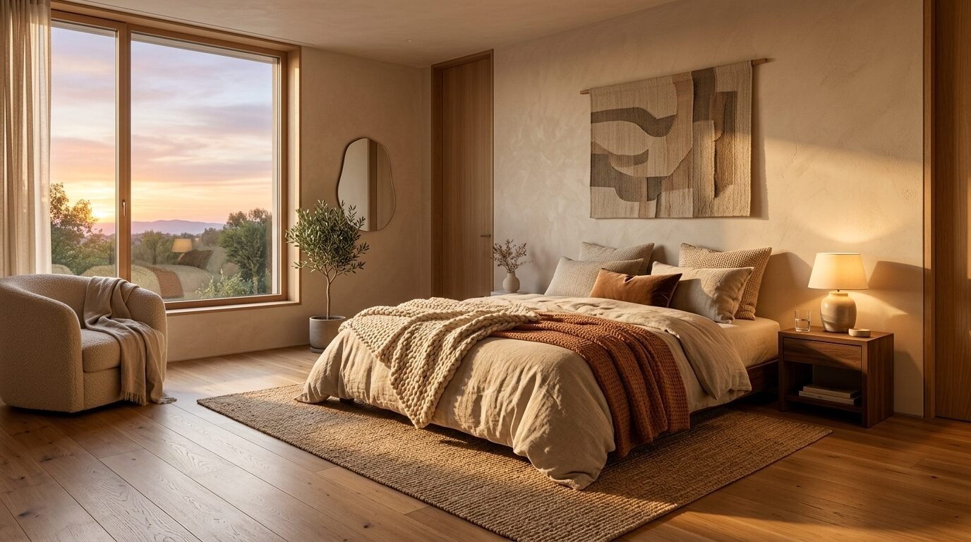 A beige and earth-toned bedroom with a large window, textured wall art, and a warm, glowing table lamp at sunset.