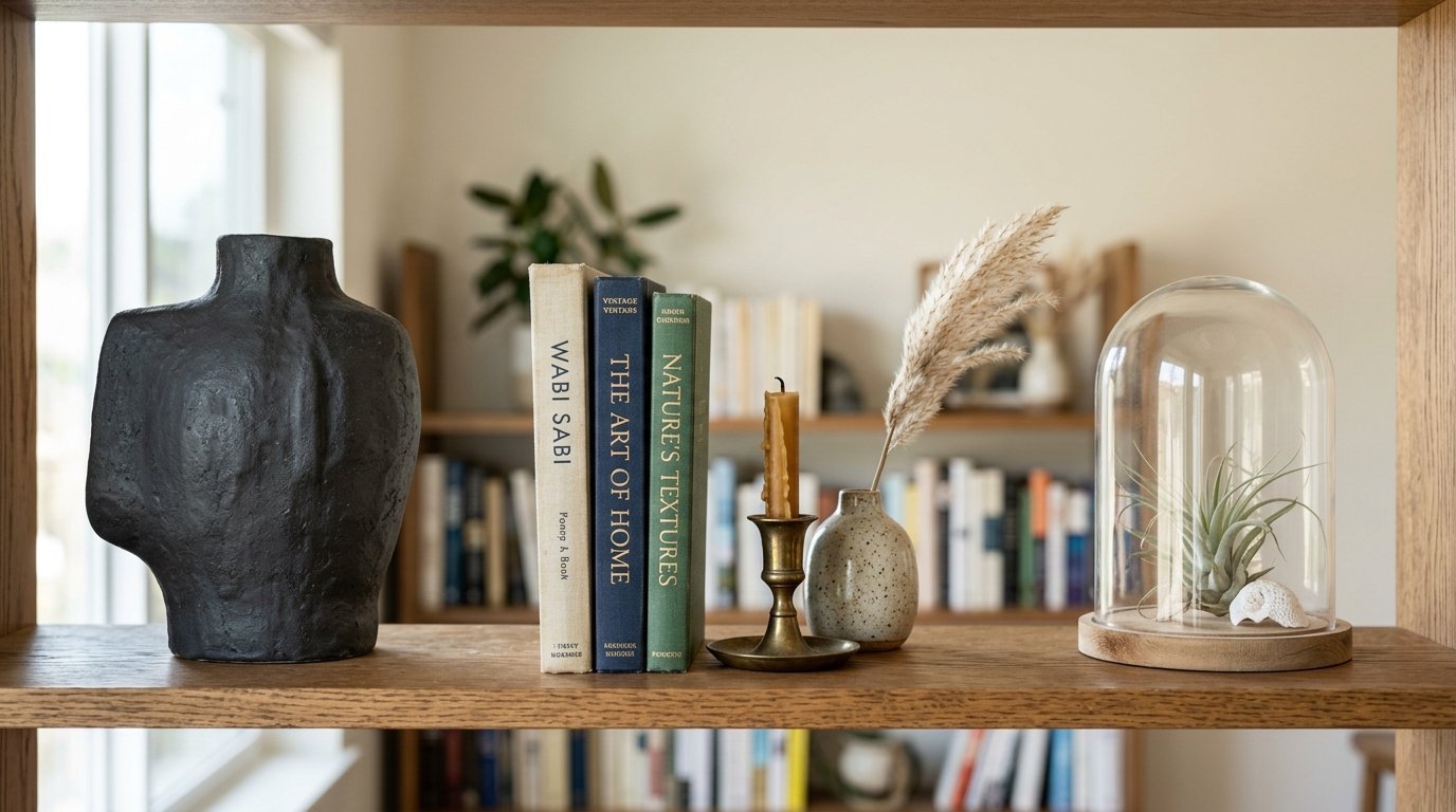 Close up of a wooden shelf featuring a black vase, three books, a brass candle holder, dried grass, and a glass cloche.