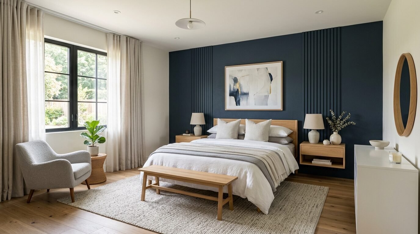 Bright bedroom with a dark blue slatted headboard wall, wooden furniture, and a textured area rug.