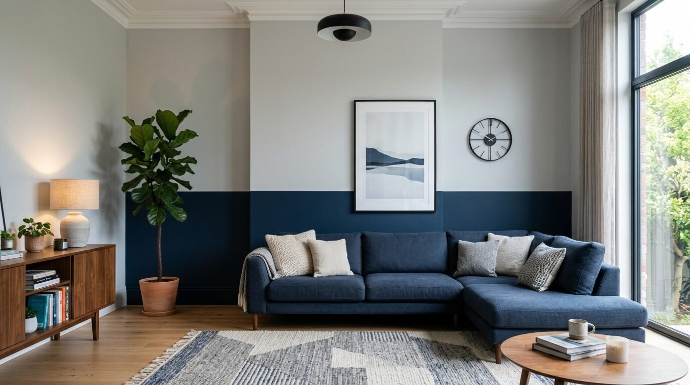 Navy blue sectional sofa in a room with a two-toned wall, fiddle leaf fig plant, and wooden furniture.