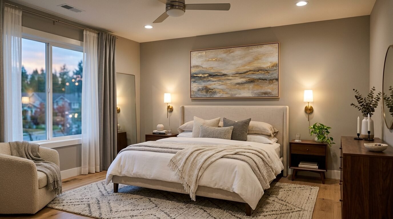 A serene bedroom with a neutral bed, textured rug, wall sconces, and sunset view through a large window.