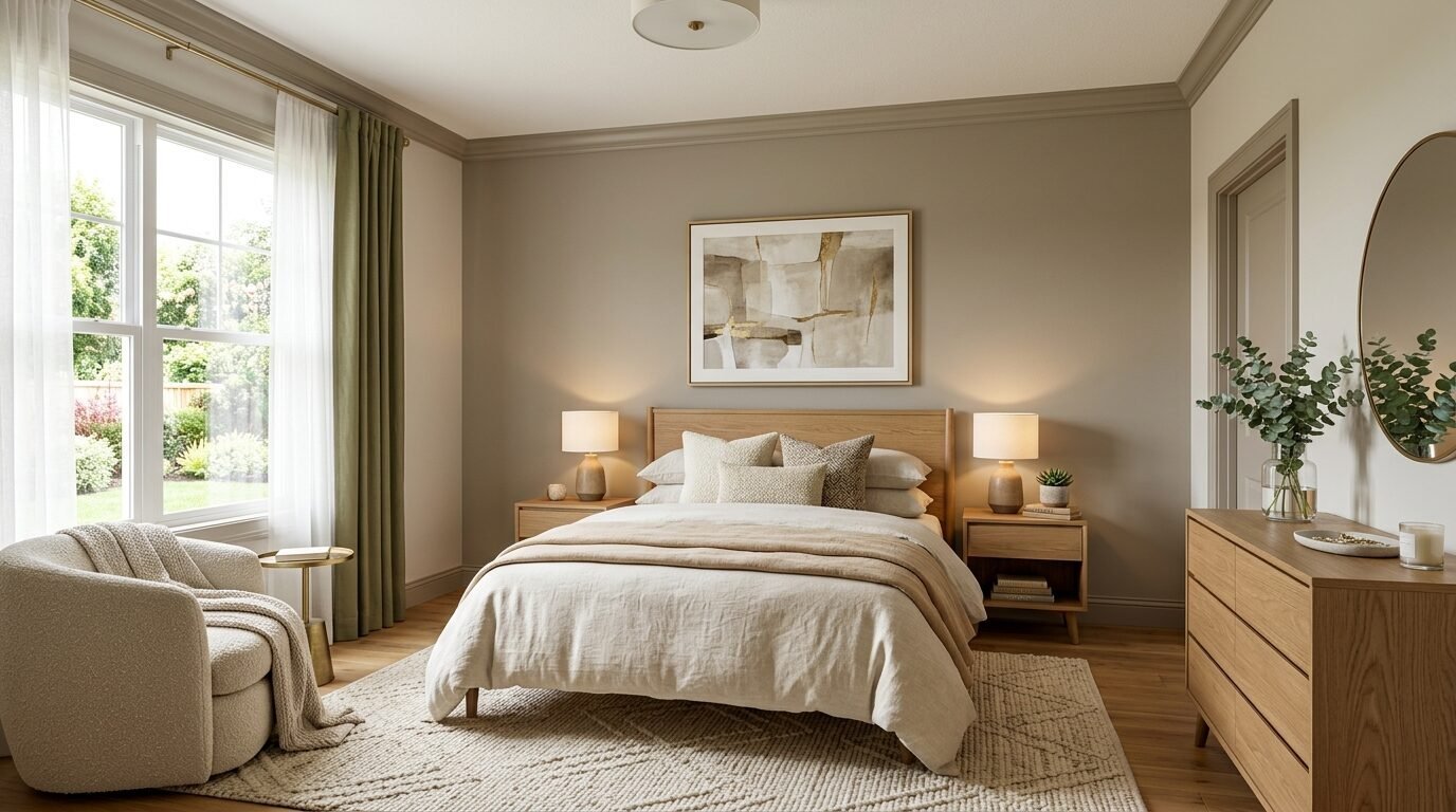 A serene bedroom with a wooden bed, beige bedding, olive curtains, and a textured area rug.