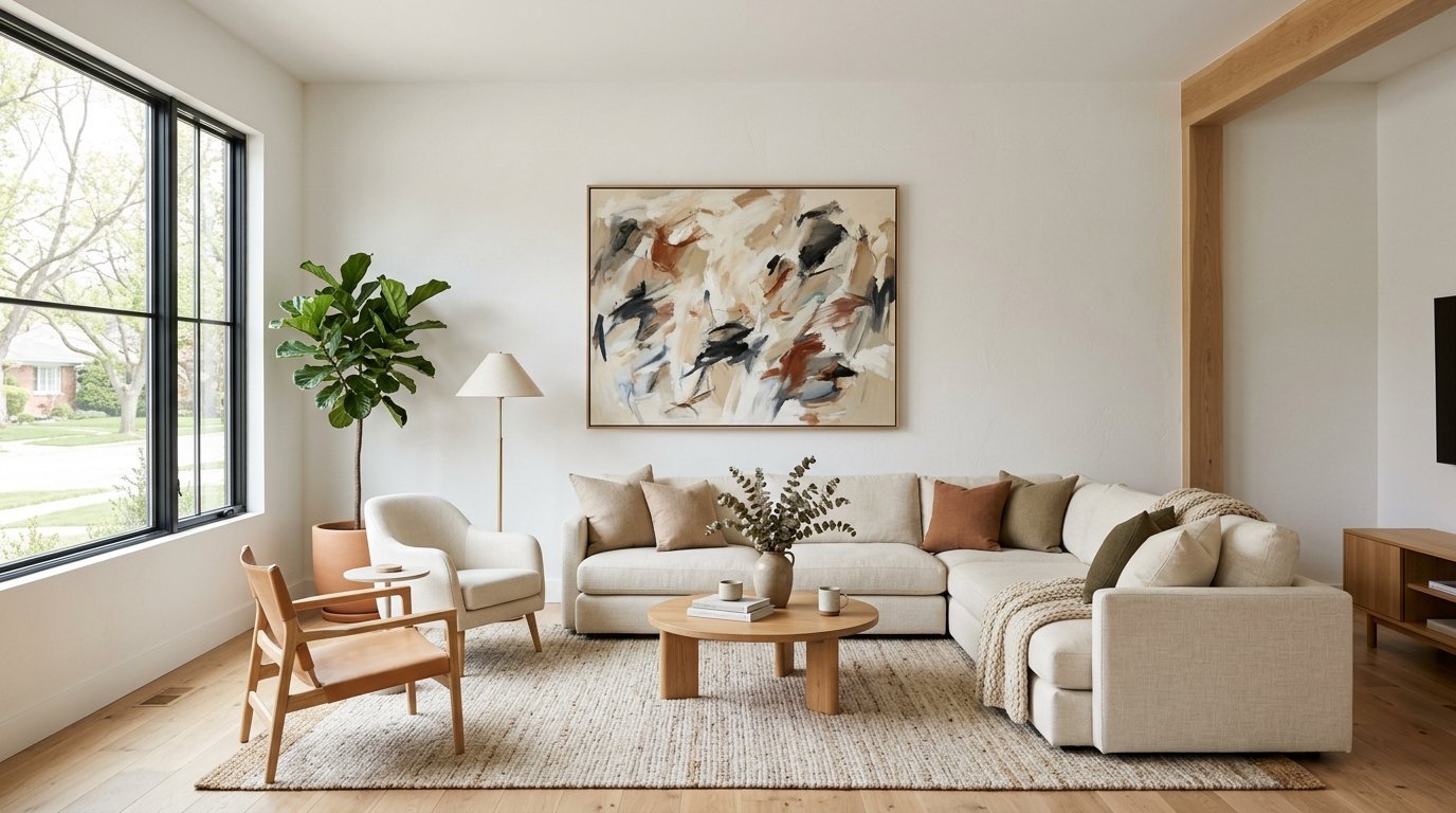 Bright living room with a cream sectional, round wooden coffee table, and large abstract painting on a white wall.