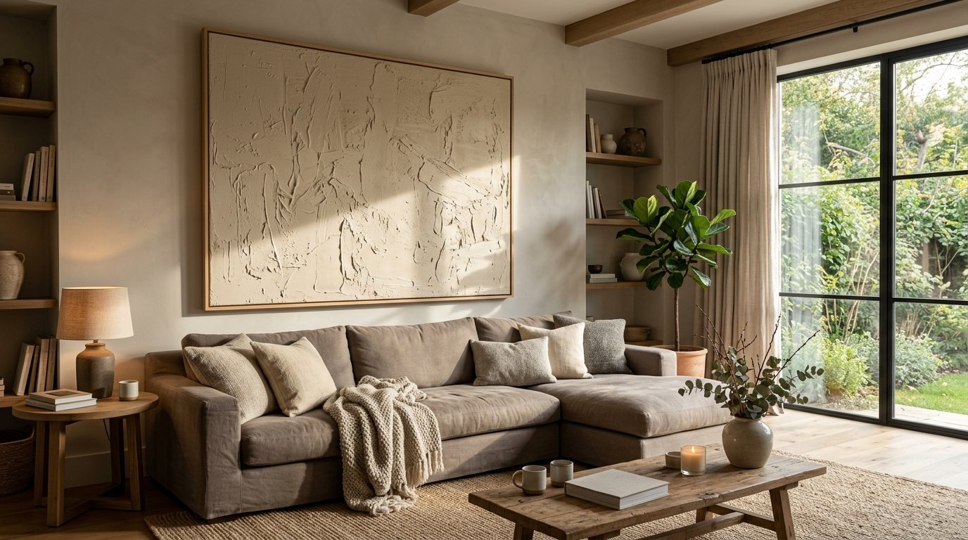 A cozy living room with a beige sectional sofa, rustic wooden coffee table, and large abstract plaster painting.