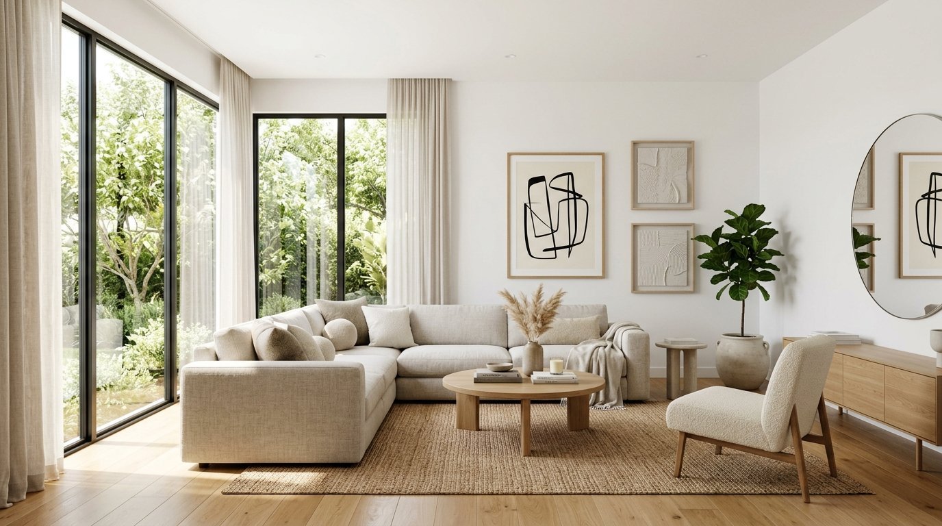 A bright living room features a beige sectional, wooden coffee table, jute rug, and green potted plant.