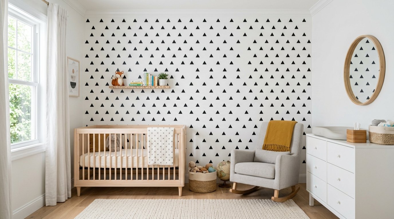 Baby nursery with light wood crib, rocking chair, and a white wall decorated with black triangle decals.