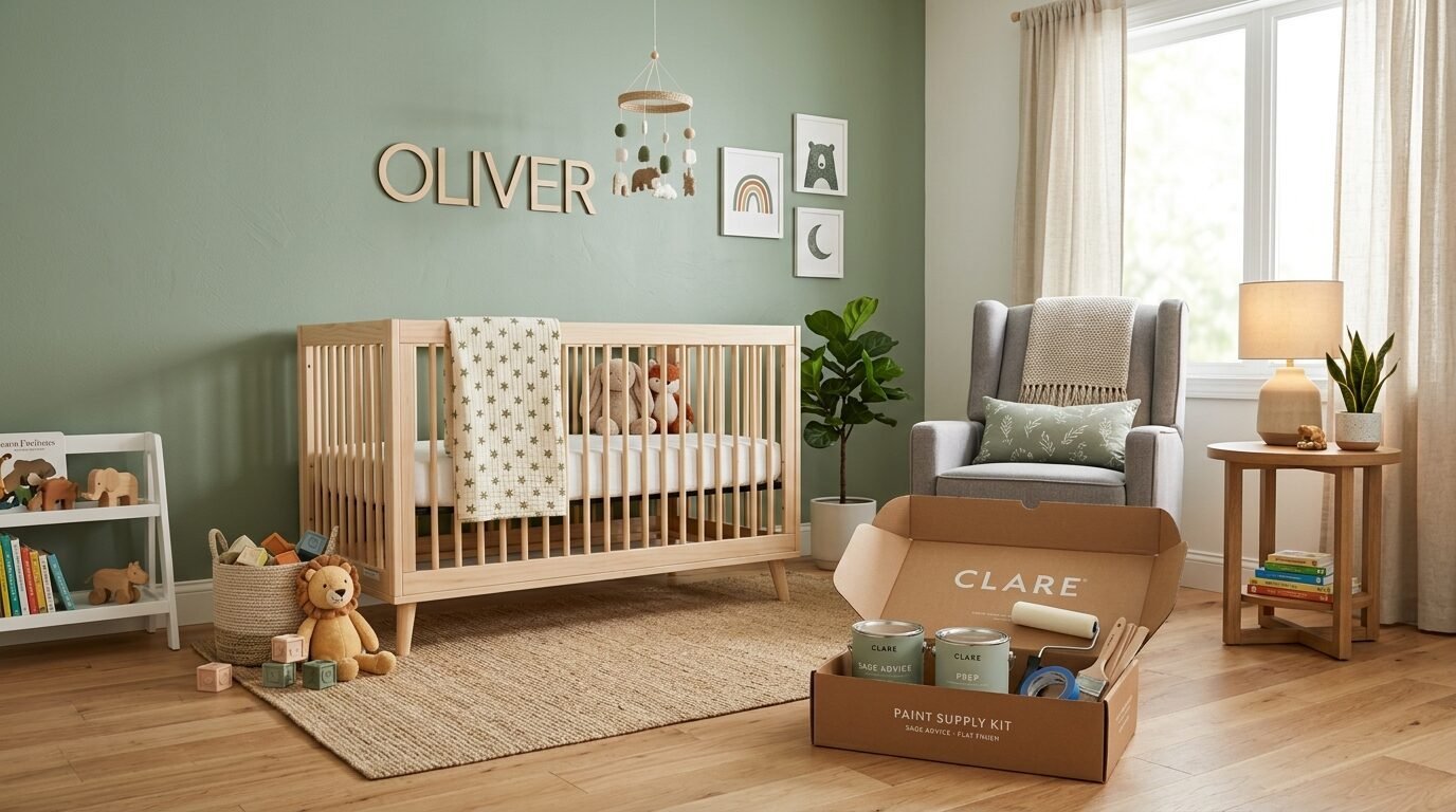 A baby nursery with a wood crib, green walls, and an open Clare brand paint supply box on the floor.