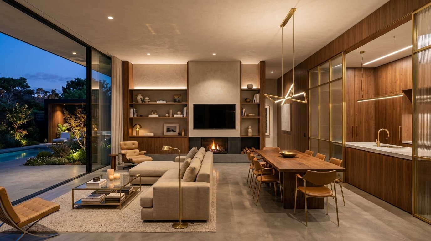 A warm, modern living room and dining space with wooden cabinetry, a lit fireplace, and sliding glass doors to a patio.