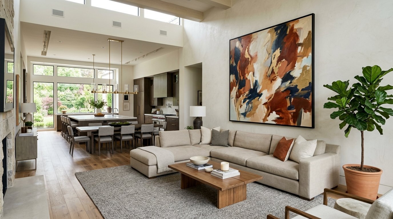 Spacious living room with a beige sectional, wooden coffee table, and large colorful abstract artwork on the wall.